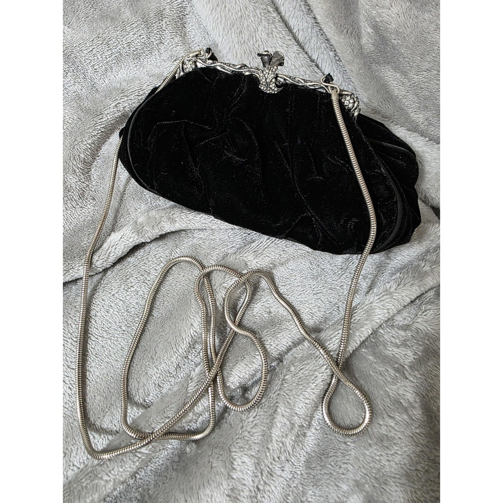 Valerie Stevens Velvet Crossbody Purse Mini Black Rhinestone Chain Strap Evening